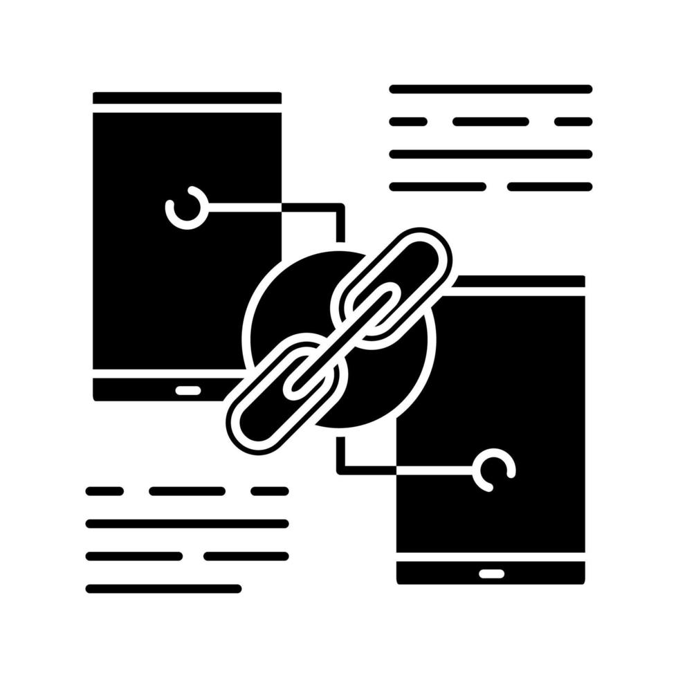 Link sharing glyph icon. Hyperlink. Data transfer. Phones connection. Silhouette symbol. Negative space. Vector isolated illustration