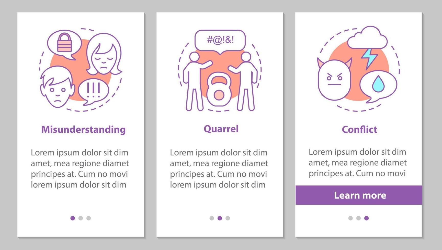 Difficult relationships onboarding mobile app page screen with linear concepts. Misunderstanding, quarrel, conflict steps graphic instructions. UX, UI, GUI vector template with illustrations