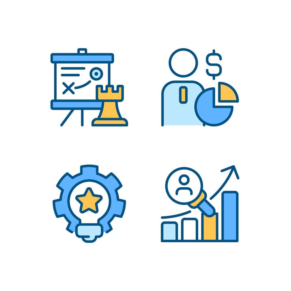 Successful business formula pixel perfect RGB color icons set. Marketing. Isolated vector illustrations. Simple filled line drawings collection. Editable stroke.