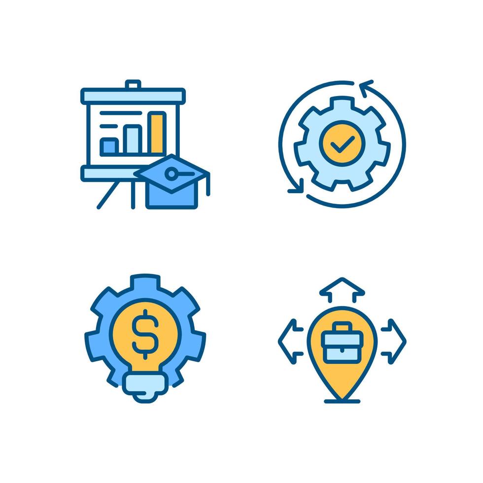 Improvement business process pixel perfect RGB color icons set. Career growth. Isolated vector illustrations. Simple filled line drawings collection. Editable stroke.