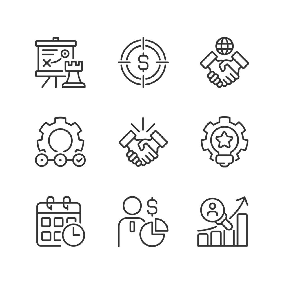 Business activities pixel perfect linear icons set. Strategic management. Customizable thin line symbols. Isolated vector outline illustrations. Editable stroke.
