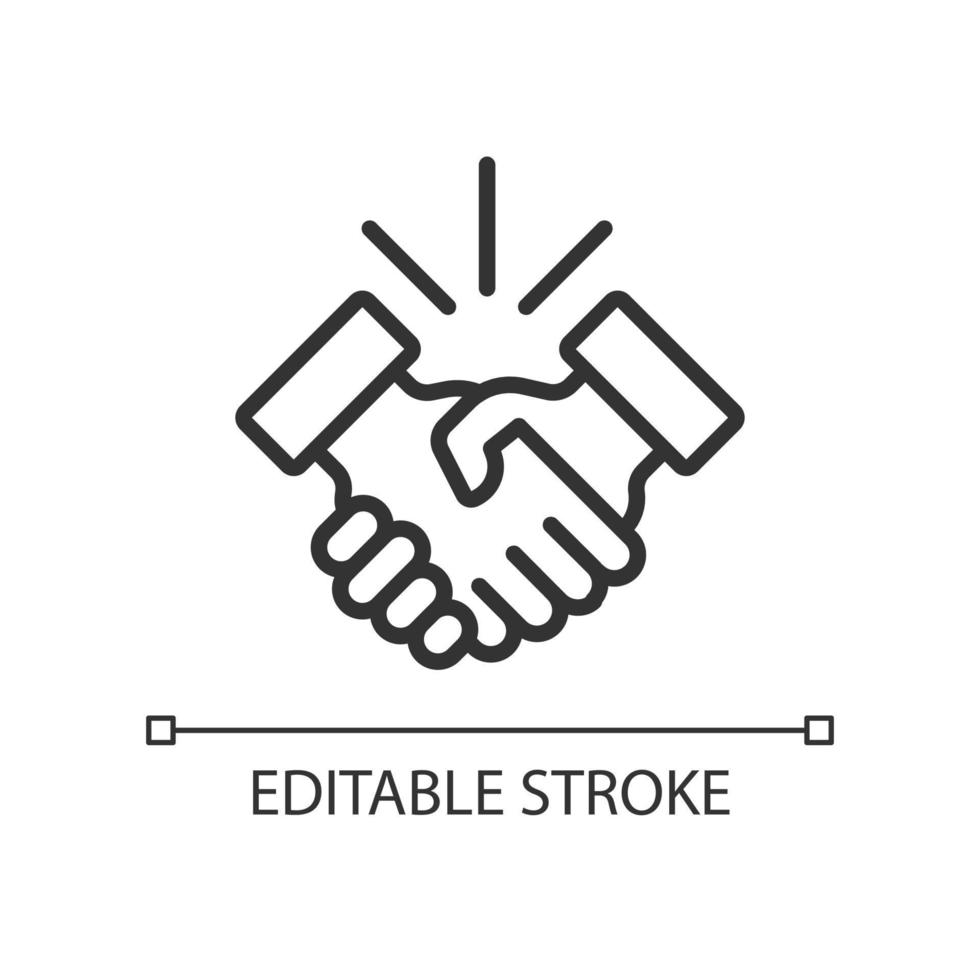 Handshake pixel perfect linear icon. Business etiquette. Shaking hands. Deal making. Company meeting. Thin line illustration. Contour symbol. Vector outline drawing. Editable stroke.