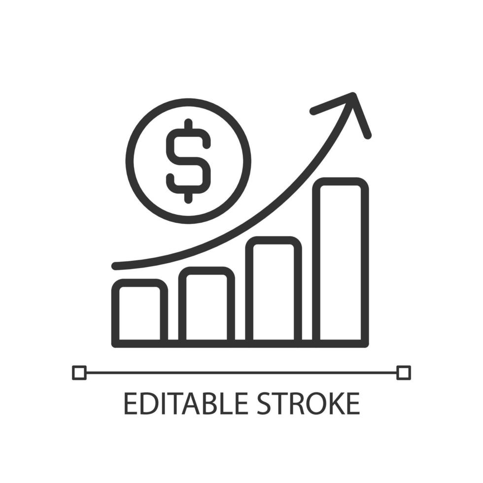 Icono lineal perfecto de píxeles de beneficio empresarial. Flujo de efectivo. Desempeño económico. evaluacion financiera ilustración de línea delgada. símbolo de contorno dibujo de contorno vectorial. trazo editable. vector