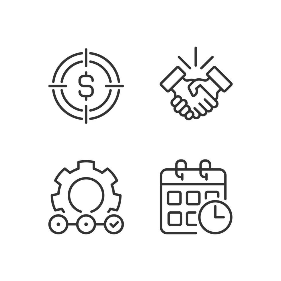 Successful business startup pixel perfect linear icons set. Financial goal. Customizable thin line symbols. Isolated vector outline illustrations. Editable stroke.