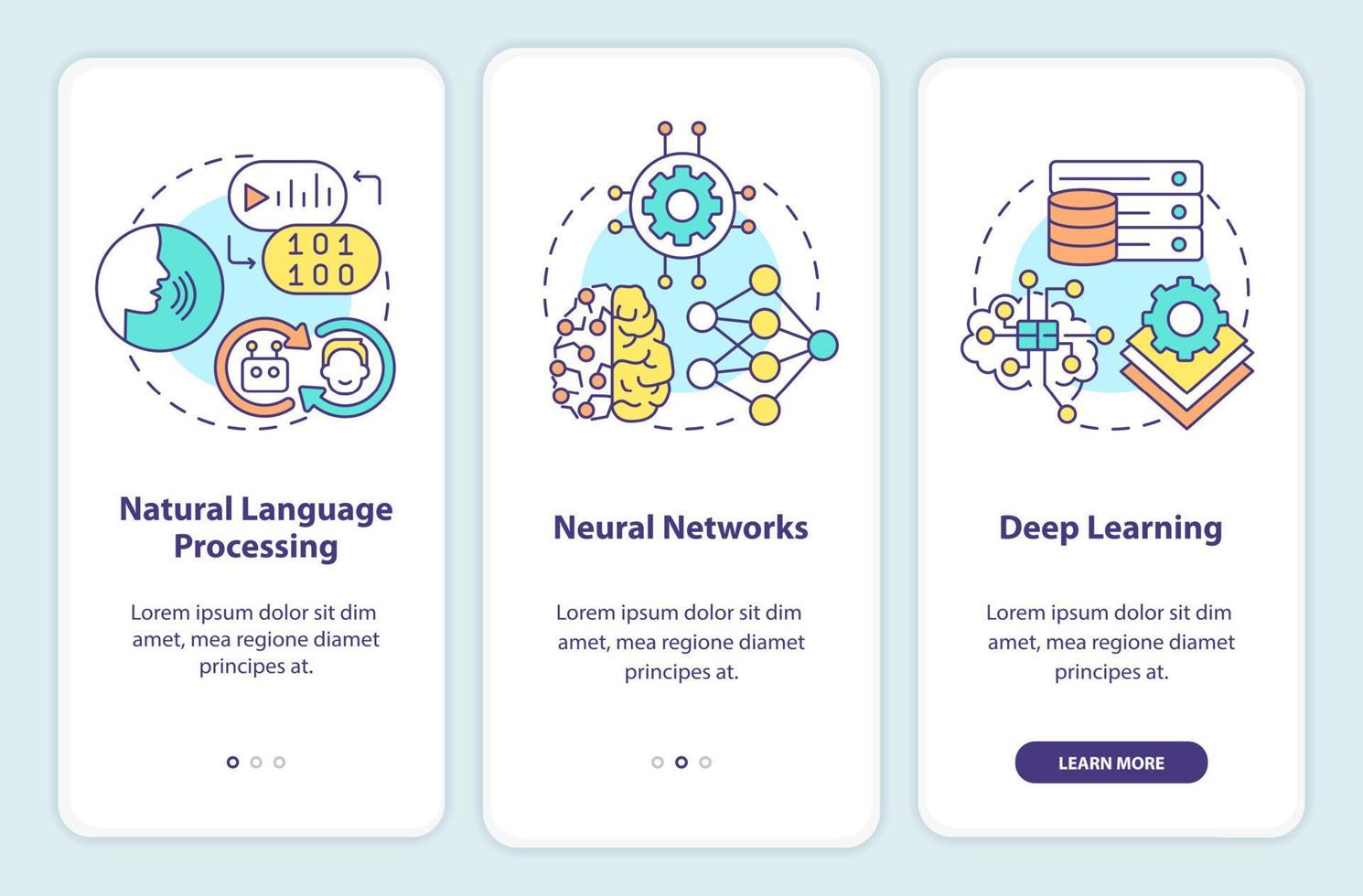 Campos de aprendizaje automático que incorporan la pantalla de la aplicación móvil. tutorial 3 pasos páginas de instrucciones gráficas con conceptos lineales. interfaz de usuario, ux, plantilla de interfaz gráfica de usuario. vector