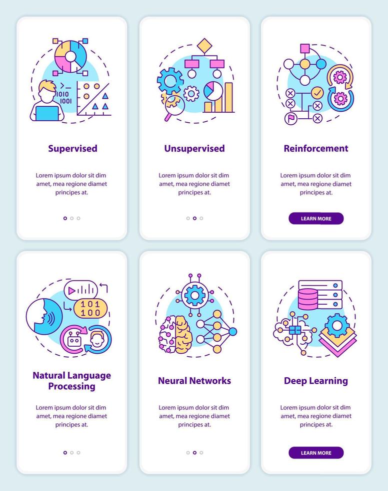 Artificial intelligence system onboarding mobile app screen set. Walkthrough 3 steps graphic instructions pages with linear concepts. UI, UX, GUI template. vector
