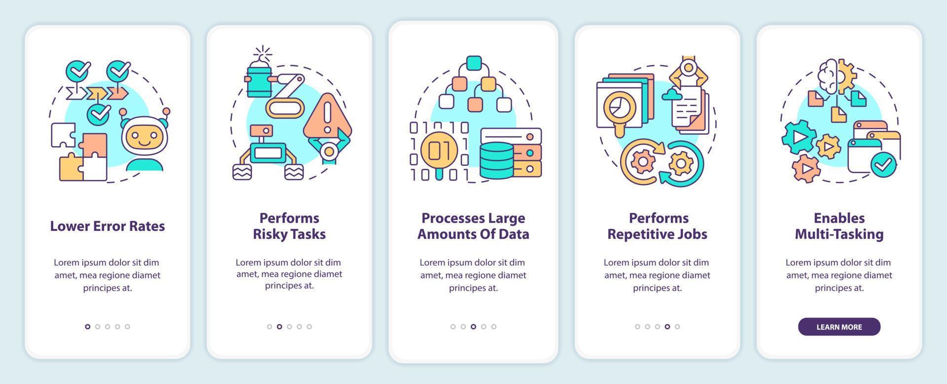 Ventajas de la inteligencia artificial al incorporar la pantalla de la aplicación móvil. tutorial 5 pasos páginas de instrucciones gráficas con conceptos lineales. interfaz de usuario, ux, plantilla de interfaz gráfica de usuario. vector