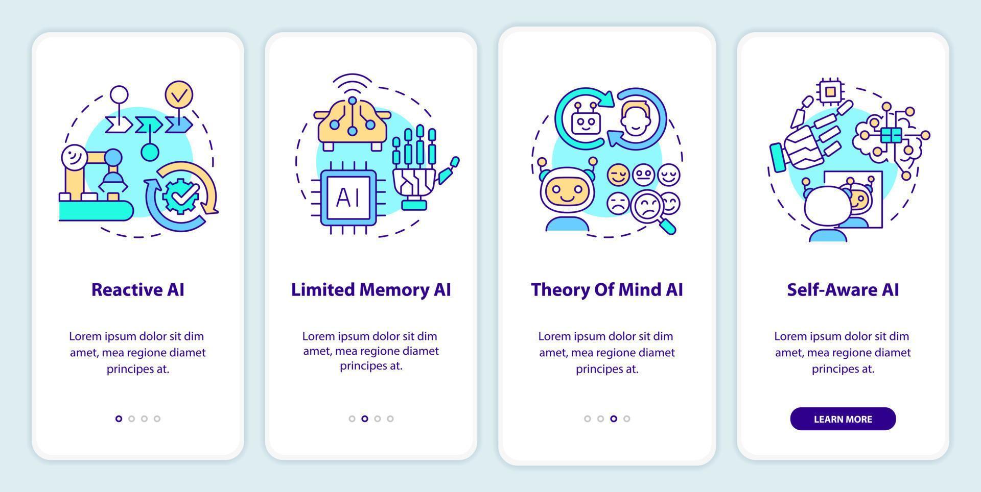 Types of artificial intelligence onboarding mobile app screen. Walkthrough 4 steps graphic instructions pages with linear concepts. UI, UX, GUI template. vector