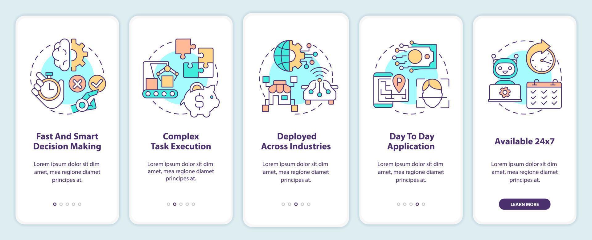Artificial intelligence strengths onboarding mobile app screen. Walkthrough 5 steps graphic instructions pages with linear concepts. UI, UX, GUI template. vector