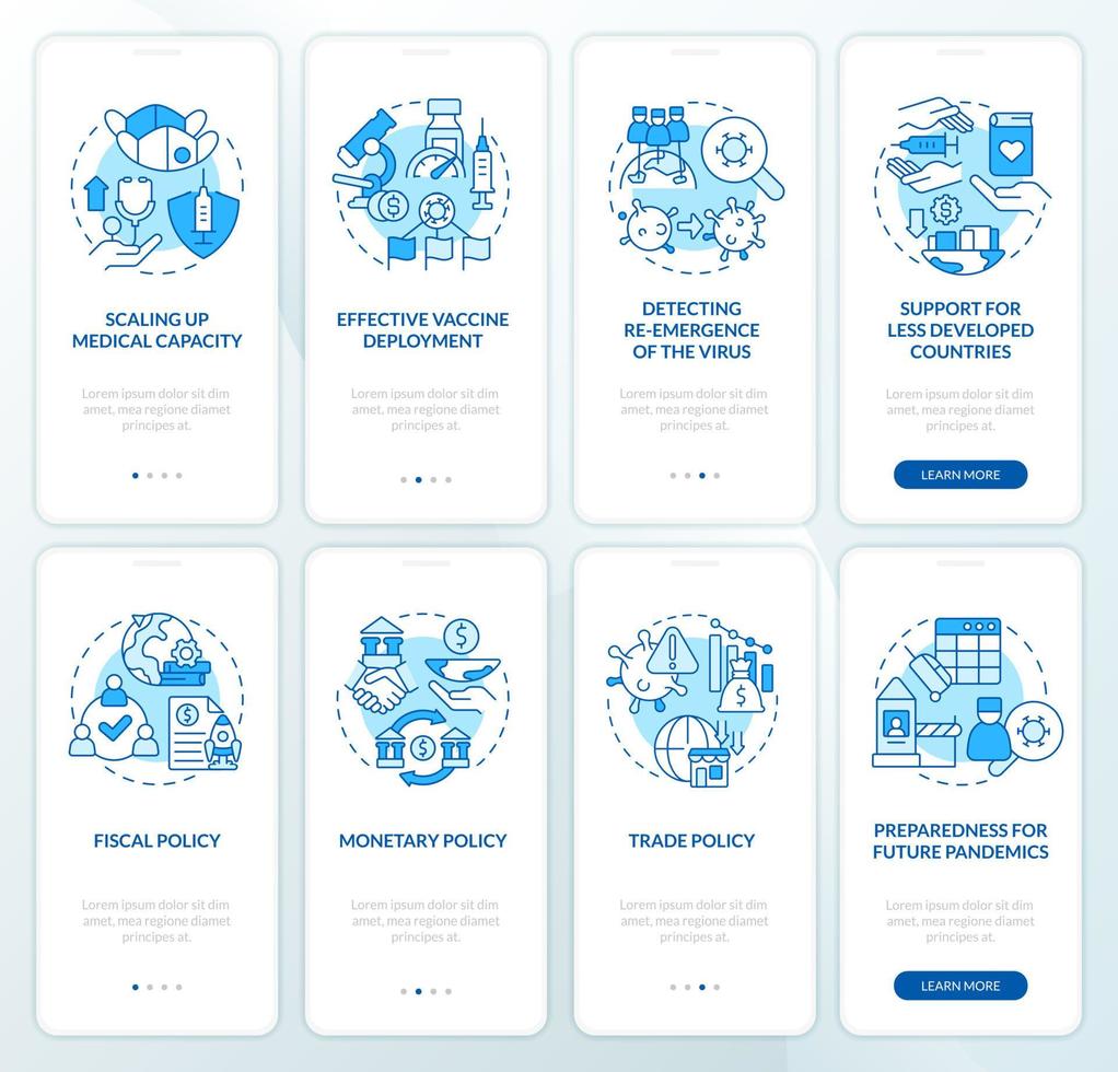 Medical and business global work blue onboarding mobile app screen set. Walkthrough 4 steps graphic instructions pages with linear concepts. UI, UX, GUI template. vector