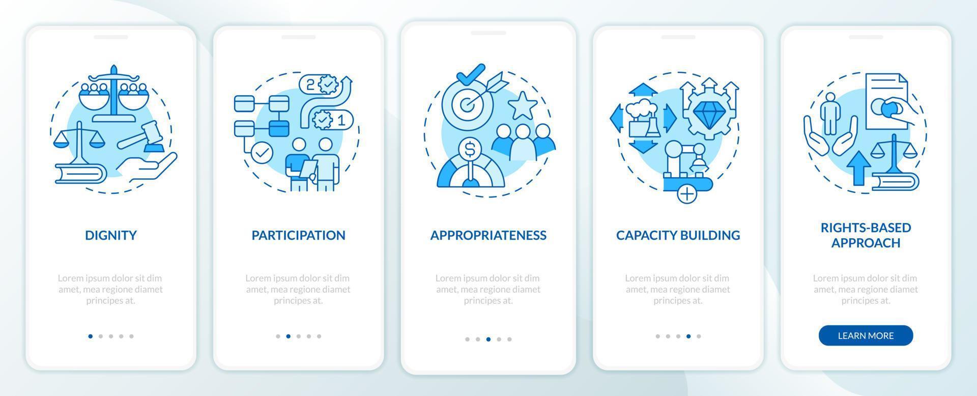 conceptos de cooperación internacional pantalla de aplicación móvil de incorporación azul. tutorial 5 pasos páginas de instrucciones gráficas con conceptos lineales. interfaz de usuario, ux, plantilla de interfaz gráfica de usuario. vector