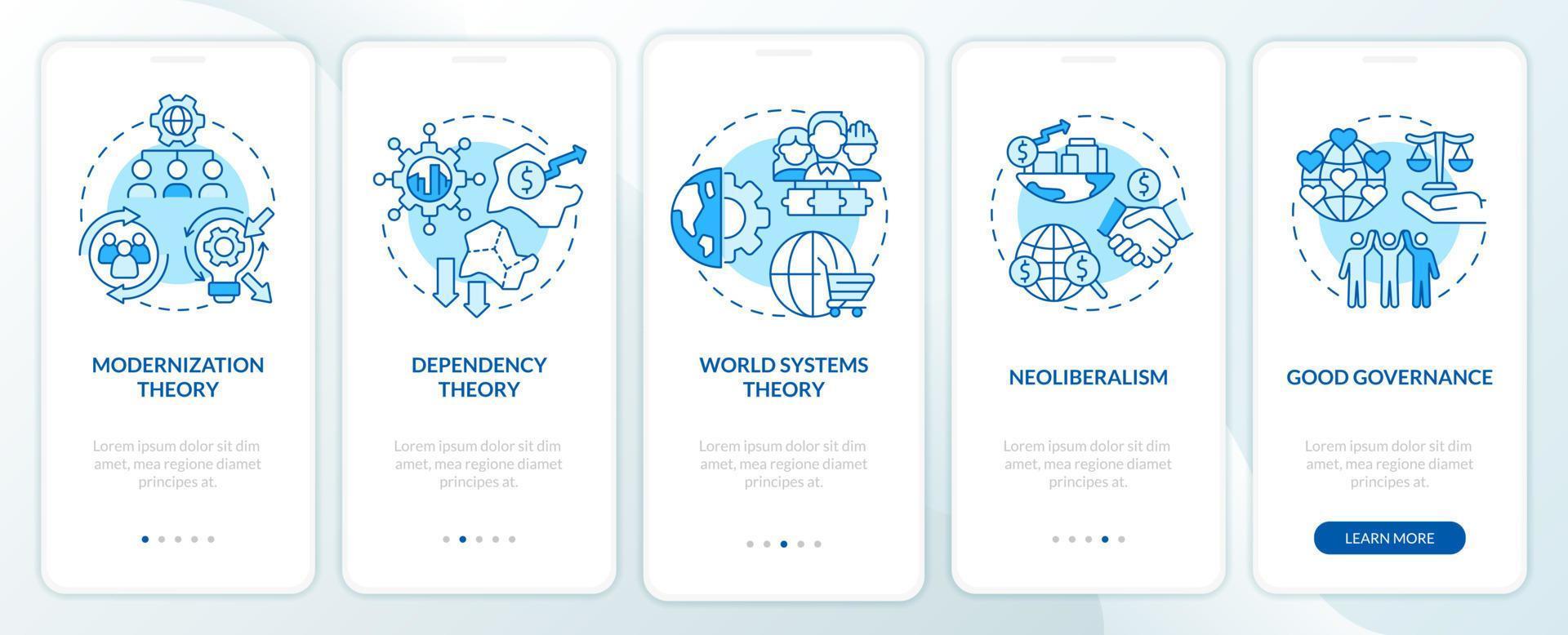 teorías de la sociedad pantalla azul de la aplicación móvil de incorporación. tutorial de proceso global 5 pasos páginas de instrucciones gráficas con conceptos lineales. interfaz de usuario, ux, plantilla de interfaz gráfica de usuario. vector