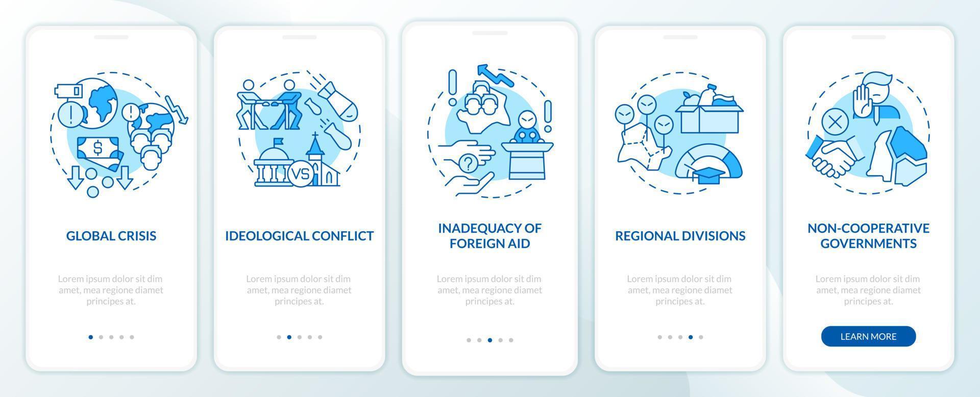 Lack of world cooperation problems blue onboarding mobile app screen. Walkthrough 5 steps graphic instructions pages with linear concepts. UI, UX, GUI template. vector