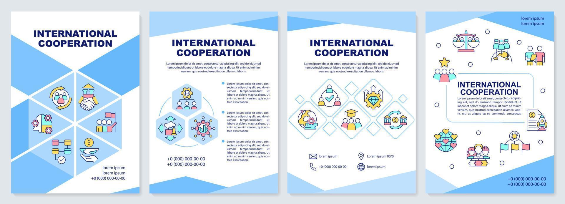 plantilla de folleto azul de cooperación internacional. relaciones mundiales. diseño de folletos con iconos lineales. 4 diseños vectoriales para presentación, informes anuales. vector