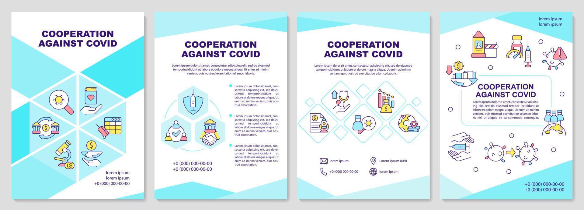 Cooperation against covid blue brochure template. Global medicine. Leaflet design with linear icons. 4 vector layouts for presentation, annual reports.