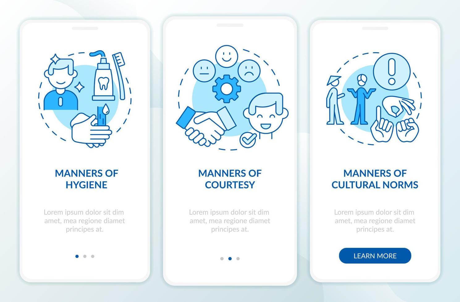 Etiquette categories blue onboarding mobile app screen. Set of rules walkthrough 3 steps graphic instructions pages with linear concepts. UI, UX, GUI template. vector