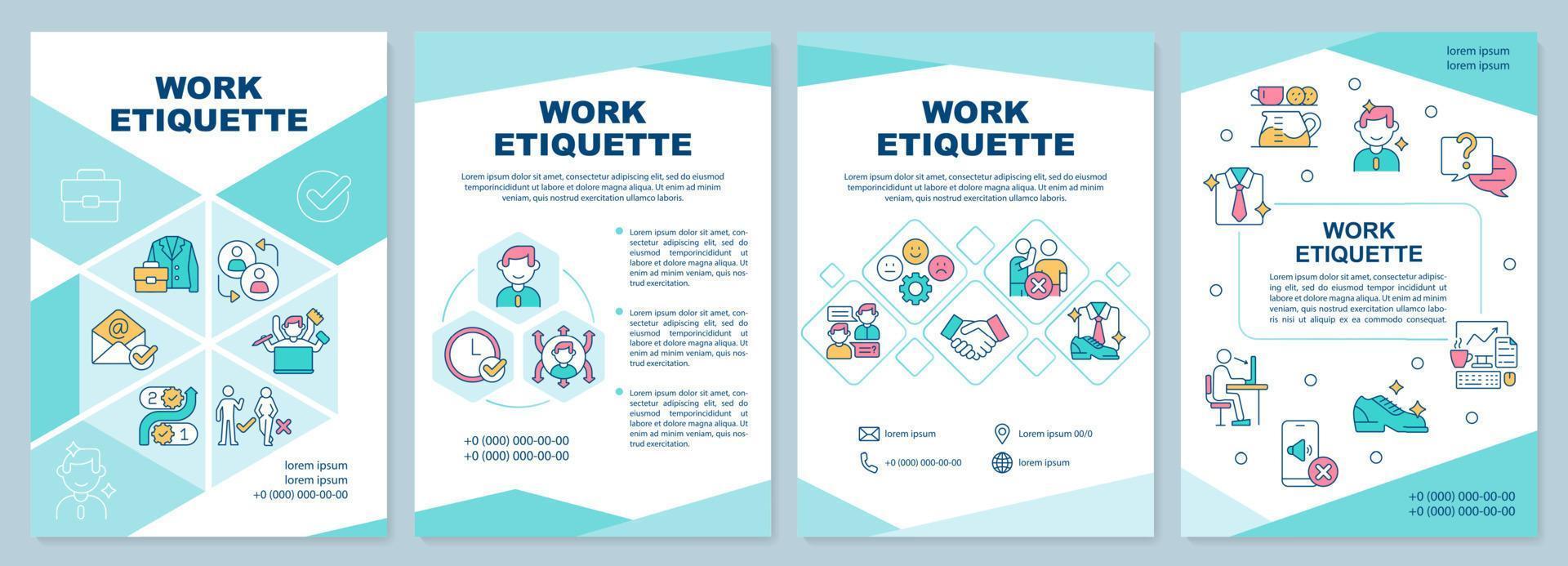 Work etiquette brochure template. Workplace ethical code. Leaflet design with linear icons. 4 vector layouts for presentation, annual reports.