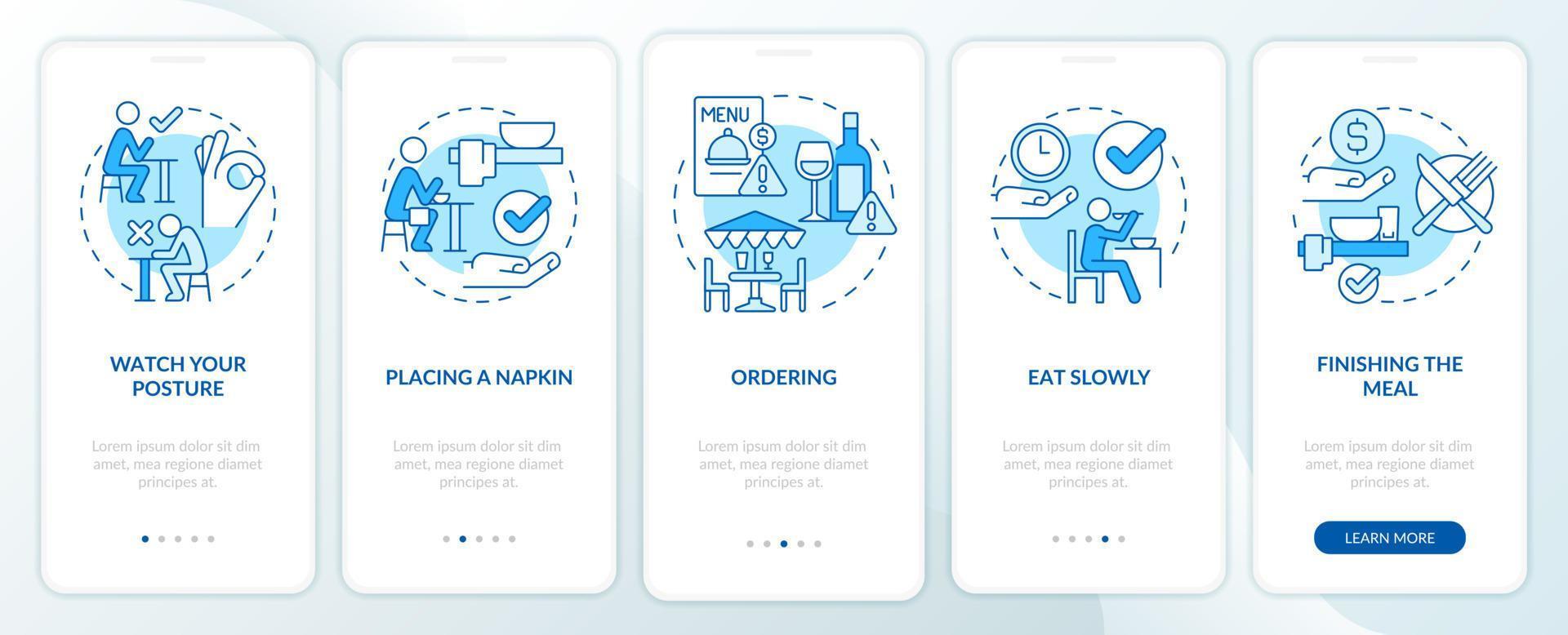 Restaurant etiquette blue onboarding mobile app screen. Table manners walkthrough 5 steps graphic instructions pages with linear concepts. UI, UX, GUI template. vector