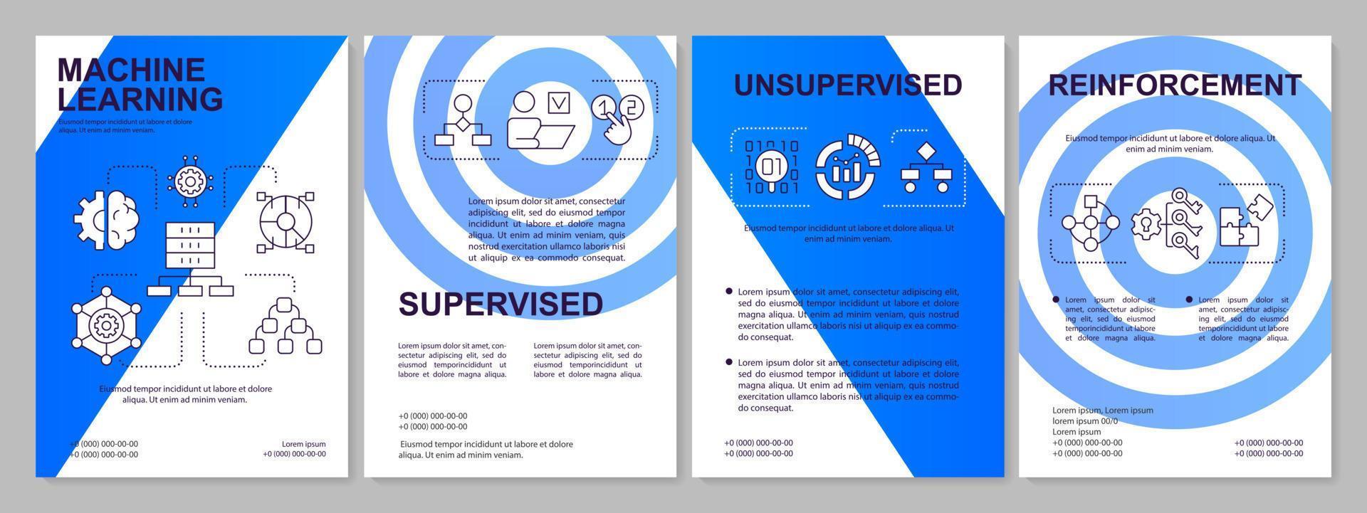 plantilla de folleto azul de categorías de aprendizaje automático. procesamiento de datos. diseño de folletos con iconos lineales. 4 diseños vectoriales para presentación, informes anuales. vector
