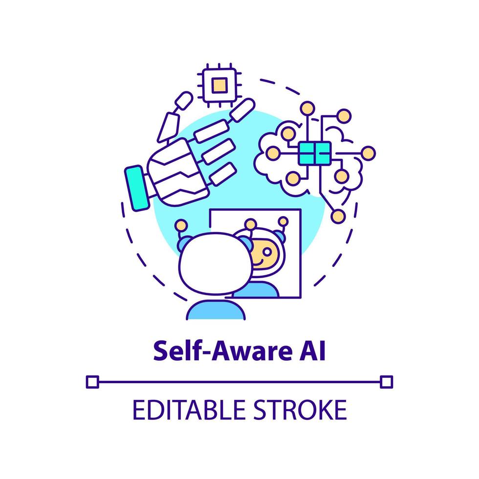Self aware AI concept icon. Futuristic robots. Artificial intelligence type abstract idea thin line illustration. Isolated outline drawing. Editable stroke. vector