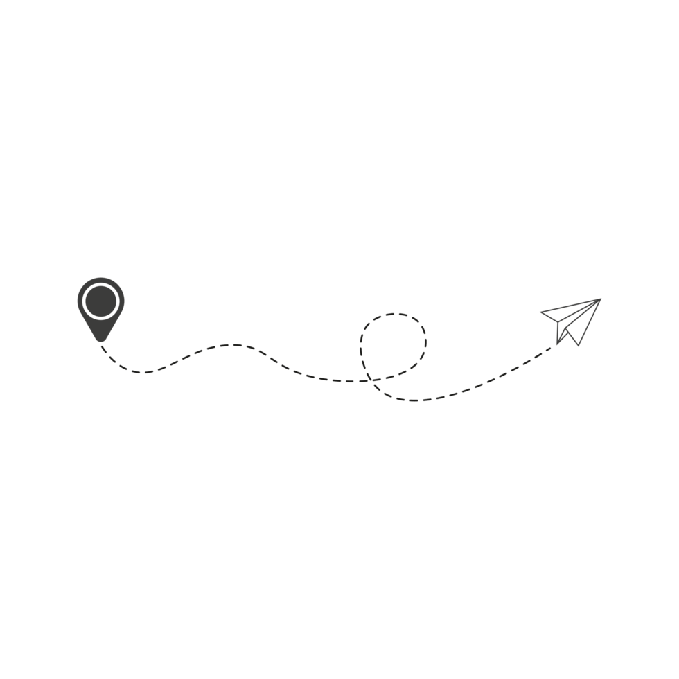 Papierfliegerroute mit gestrichelter Linie und Standortsymbol png