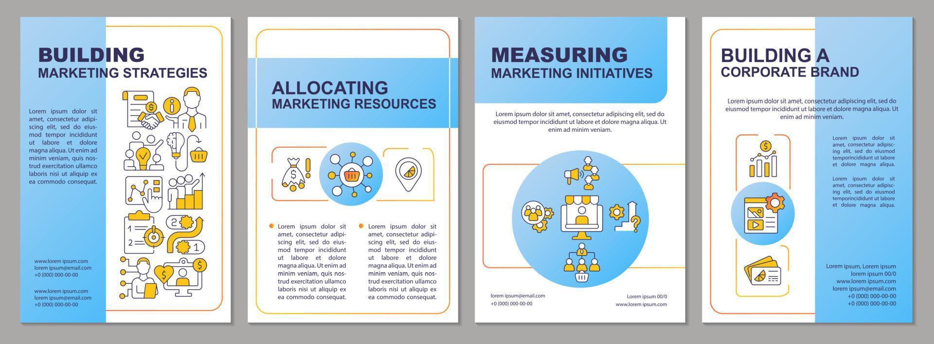 cuestiones generales de marketing en la plantilla de folleto azul de negocios. marca corporativa. diseño de folletos con iconos lineales. 4 diseños vectoriales para presentación, informes anuales. vector