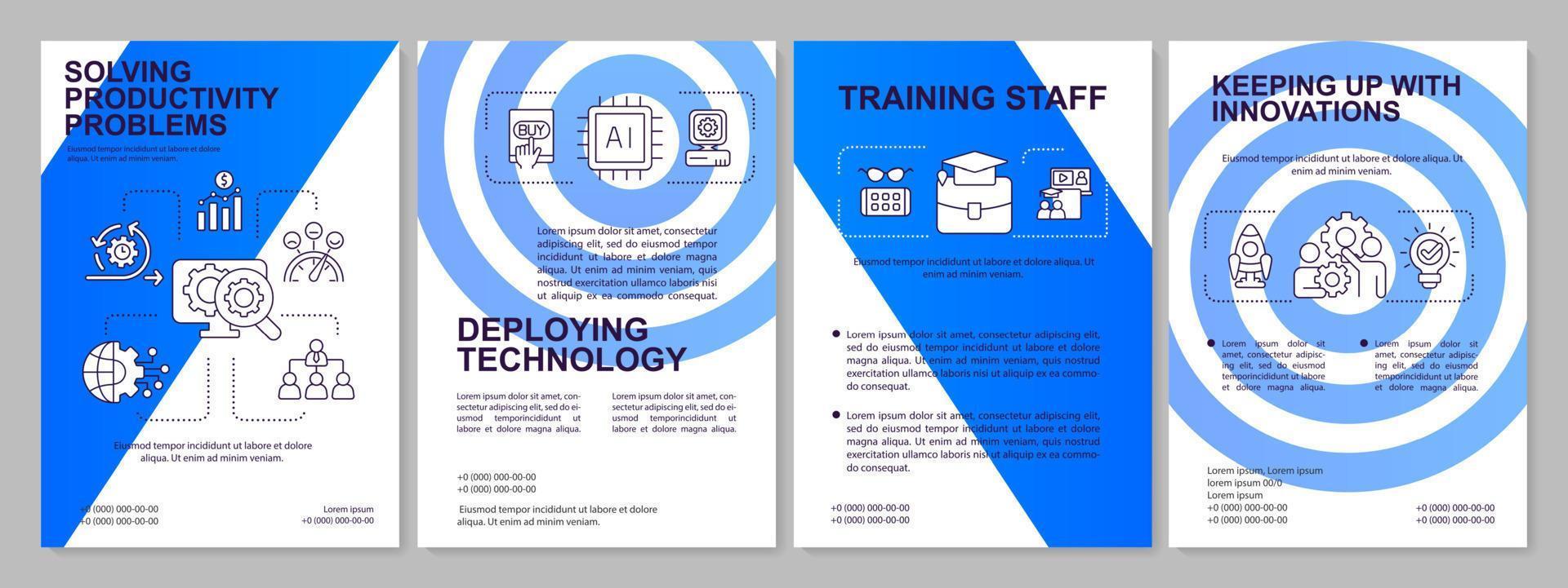 Plantilla de folleto azul para resolver problemas de empleados. problemas de productividad. diseño de folletos con iconos lineales. 4 diseños vectoriales para presentación, informes anuales. vector