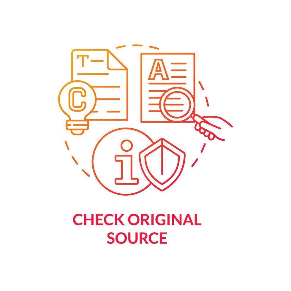 Check original source red gradient concept icon. Verified sources. Fighting misinformation abstract idea thin line illustration. Isolated outline drawing. vector