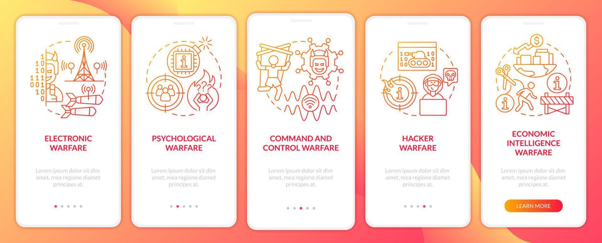 Information warfare subareas red gradient onboarding mobile app screen. Walkthrough 5 steps graphic instructions pages with linear concepts. UI, UX, GUI template. vector