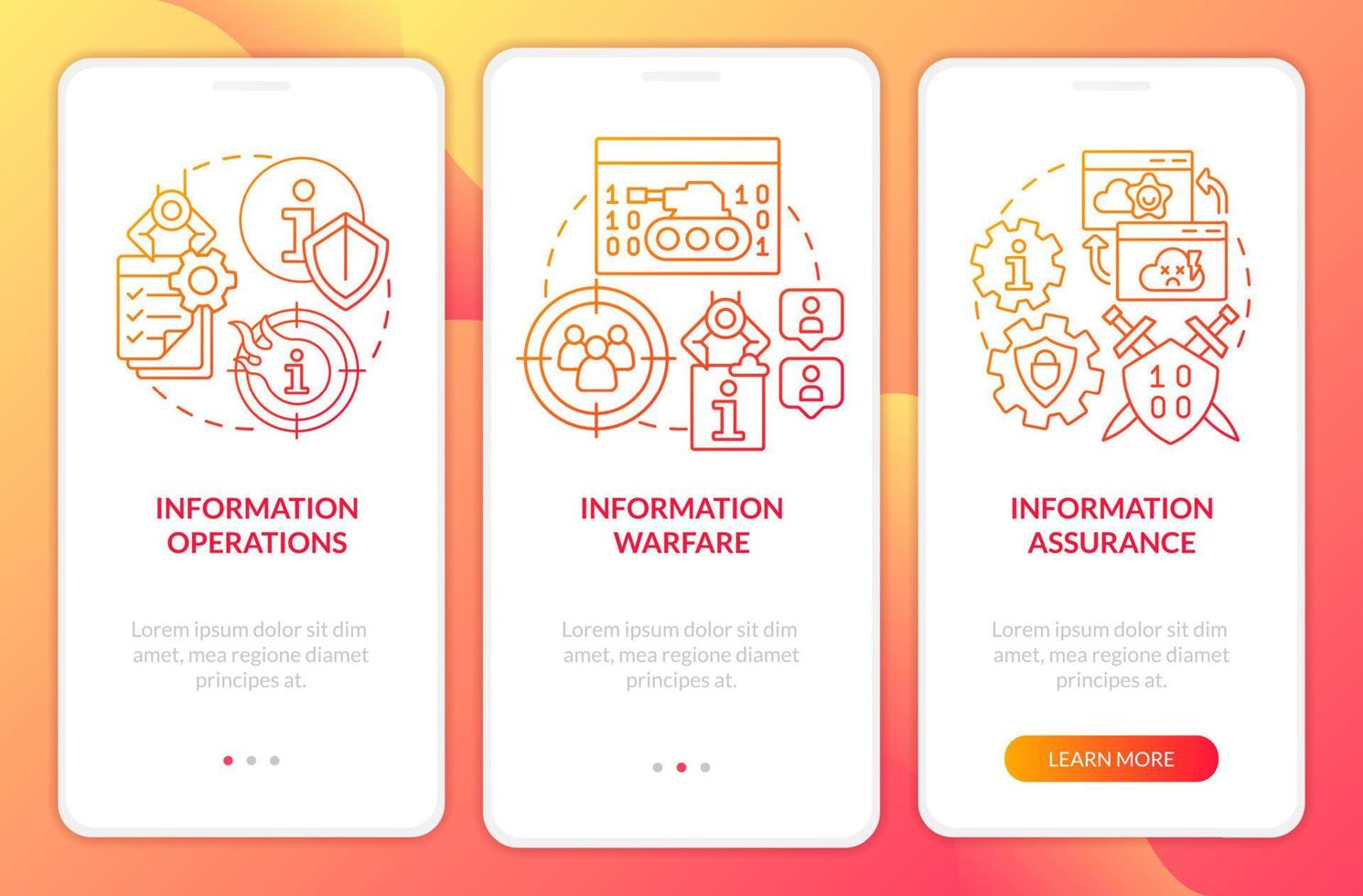 Basic definitions red gradient onboarding mobile app screen. Walkthrough 3 steps graphic instructions pages with linear concepts. UI, UX, GUI template. vector