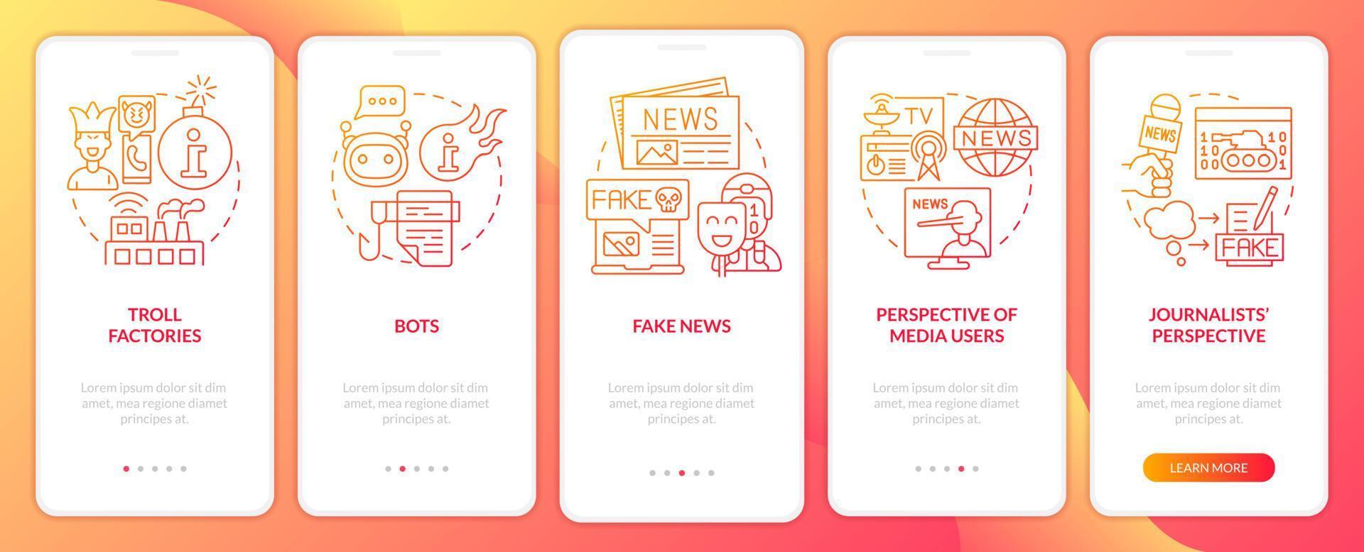 Information war over Internet red gradient onboarding mobile app screen. Walkthrough 5 steps graphic instructions pages with linear concepts. UI, UX, GUI template. vector