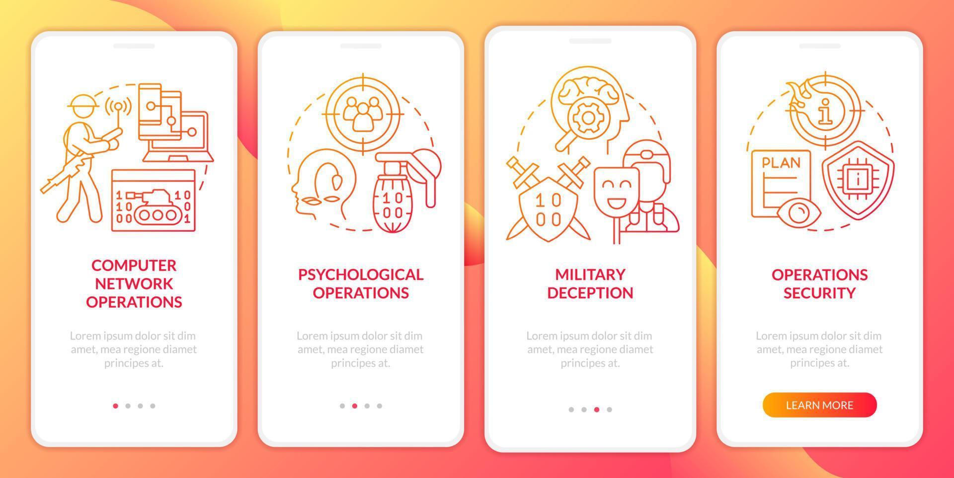pantalla de aplicación móvil de incorporación de degradado rojo de operaciones de información. tutorial 4 pasos páginas de instrucciones gráficas con conceptos lineales. interfaz de usuario, ux, plantilla de interfaz gráfica de usuario. vector