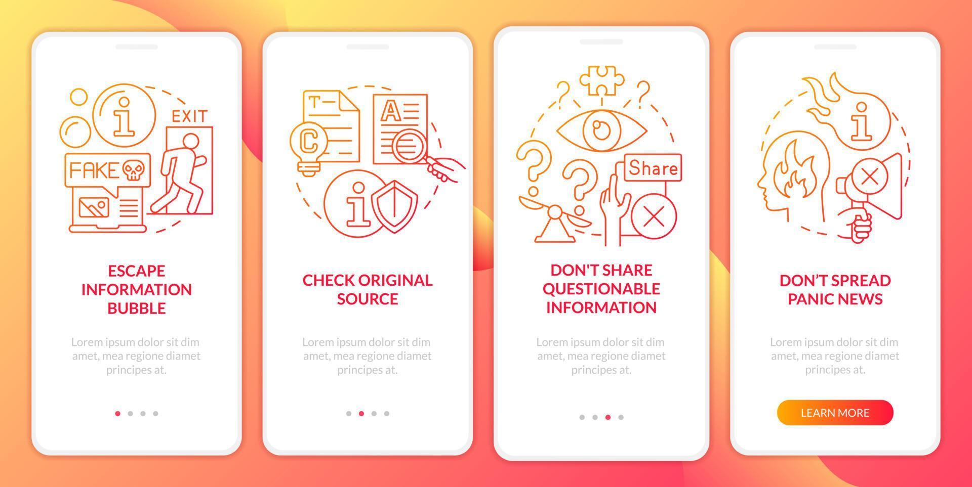 Fighting misinformation red gradient onboarding mobile app screen. Walkthrough 4 steps graphic instructions pages with linear concepts. UI, UX, GUI template. vector