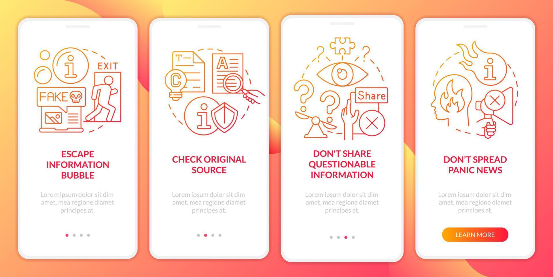 lucha contra la desinformación en la pantalla de la aplicación móvil de incorporación de degradado rojo. tutorial 4 pasos páginas de instrucciones gráficas con conceptos lineales. interfaz de usuario, ux, plantilla de interfaz gráfica de usuario. vector