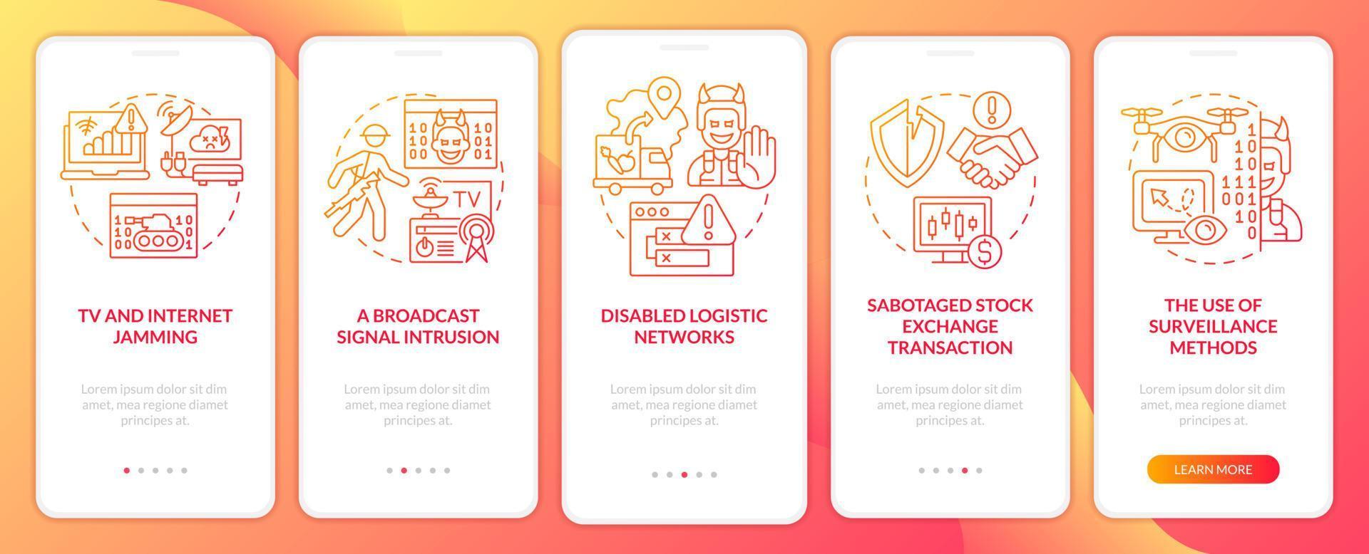 Forms of information warfare red gradient onboarding mobile app screen. Walkthrough 5 steps graphic instructions pages with linear concepts. UI, UX, GUI template. vector