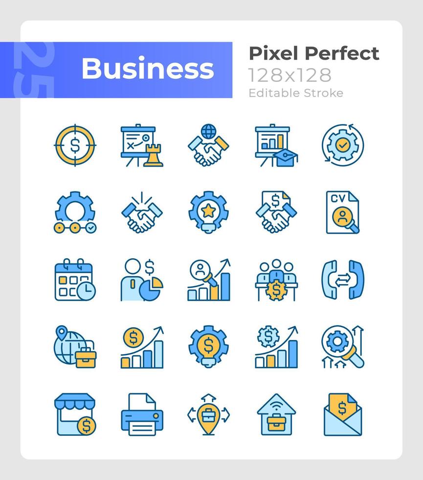 conjunto de iconos de color rgb perfectos de píxeles de gestión empresarial. marketing y ventas. ilustraciones vectoriales aisladas. colección de dibujos de líneas llenas simples. trazo editable. vector