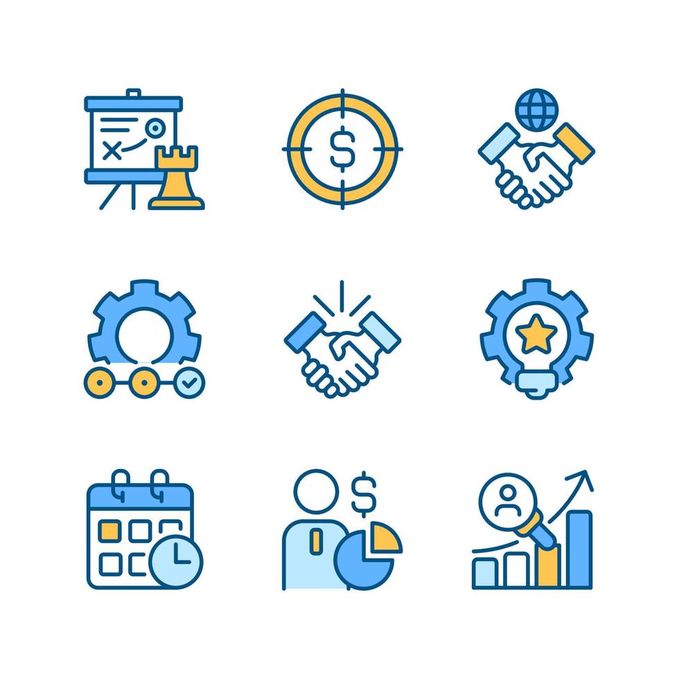 Business activities pixel perfect RGB color icons set. Strategic management. Isolated vector illustrations. Simple filled line drawings collection. Editable stroke.