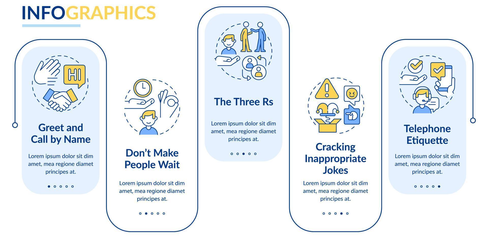 plantilla infográfica de rectángulo de etiqueta empresarial. conjunto de normas. visualización de datos con 5 pasos. gráfico de información de la línea de tiempo del proceso. diseño de flujo de trabajo con iconos de línea. vector