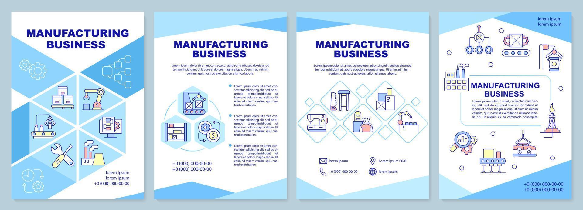 Manufacturing business brochure template. Production of goods. Leaflet design with linear icons. 4 vector layouts for presentation, annual reports.