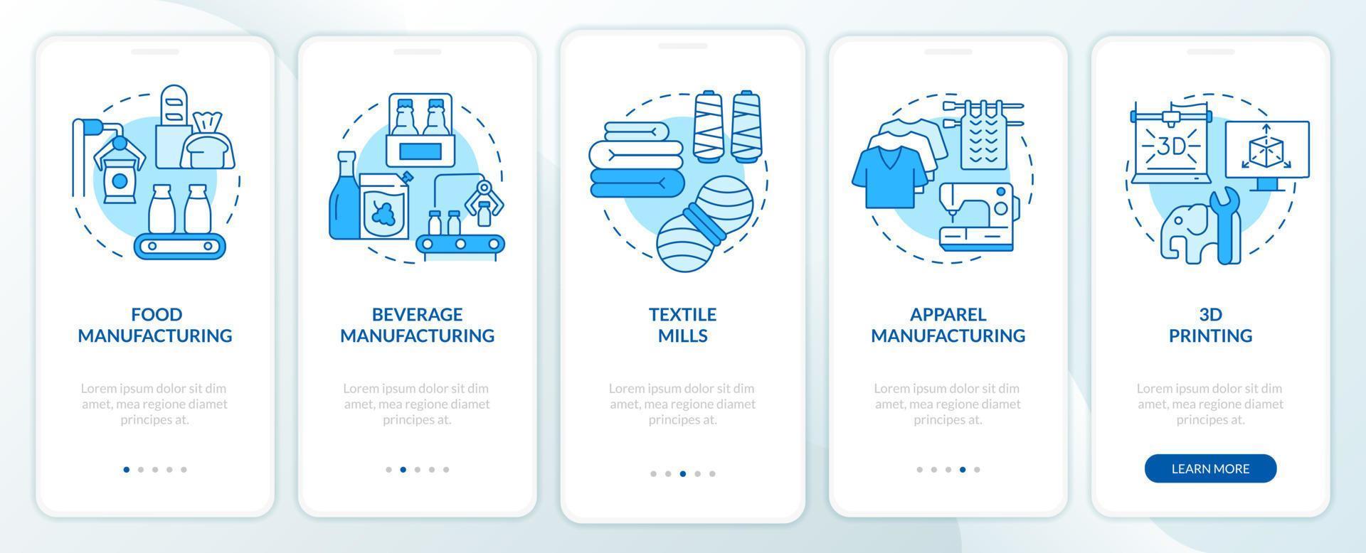 Manufacturing sub sectors blue onboarding mobile app screen. Walkthrough 5 steps graphic instructions pages with linear concepts. UI, UX, GUI template. vector