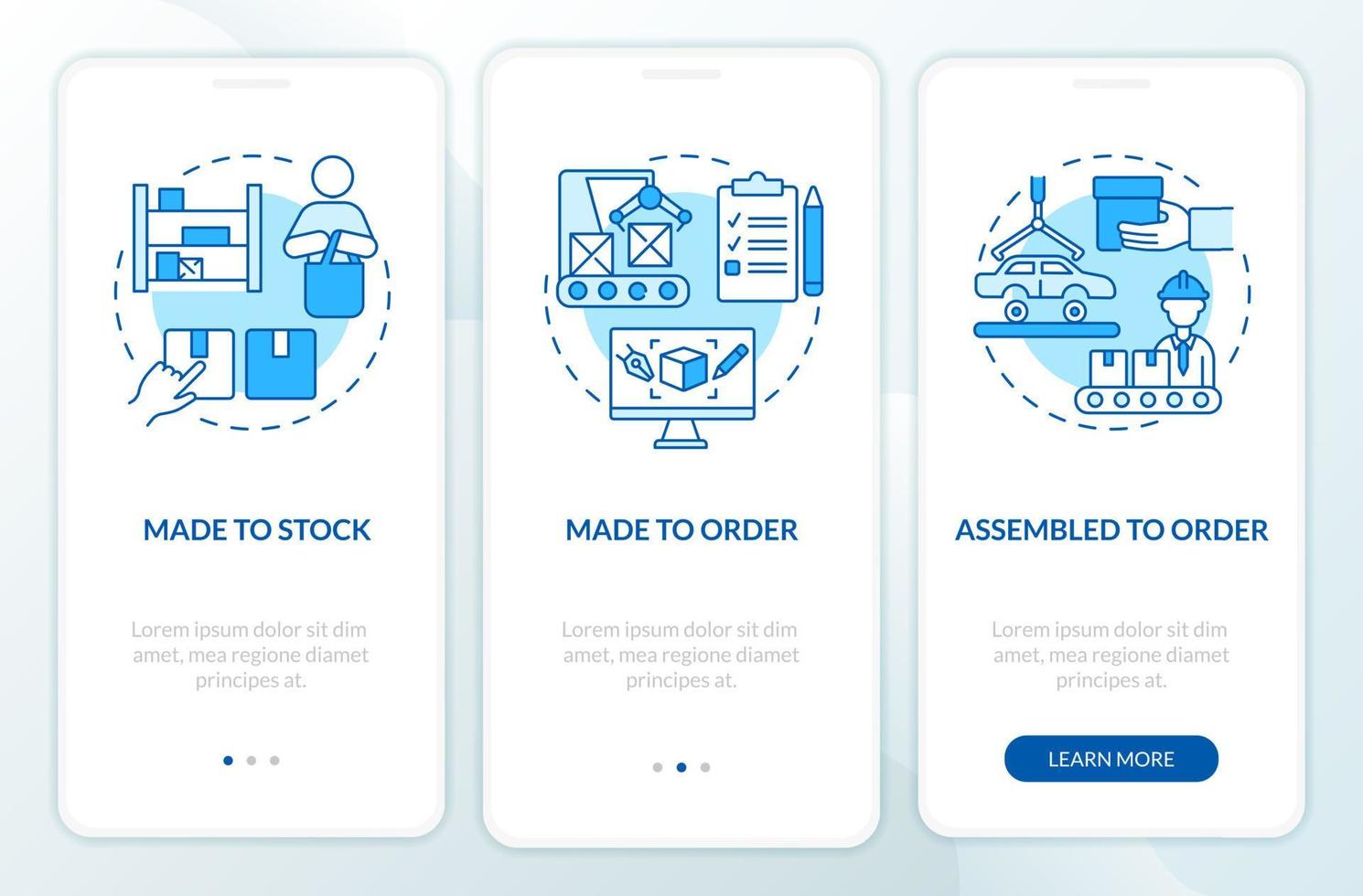 Types of products blue onboarding mobile app screen. Manufacturing walkthrough 3 steps graphic instructions pages with linear concepts. UI, UX, GUI template. vector