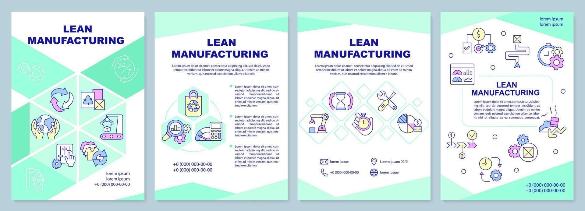 Lean manufacturing brochure template. Production process. Leaflet design with linear icons. 4 vector layouts for presentation, annual reports.