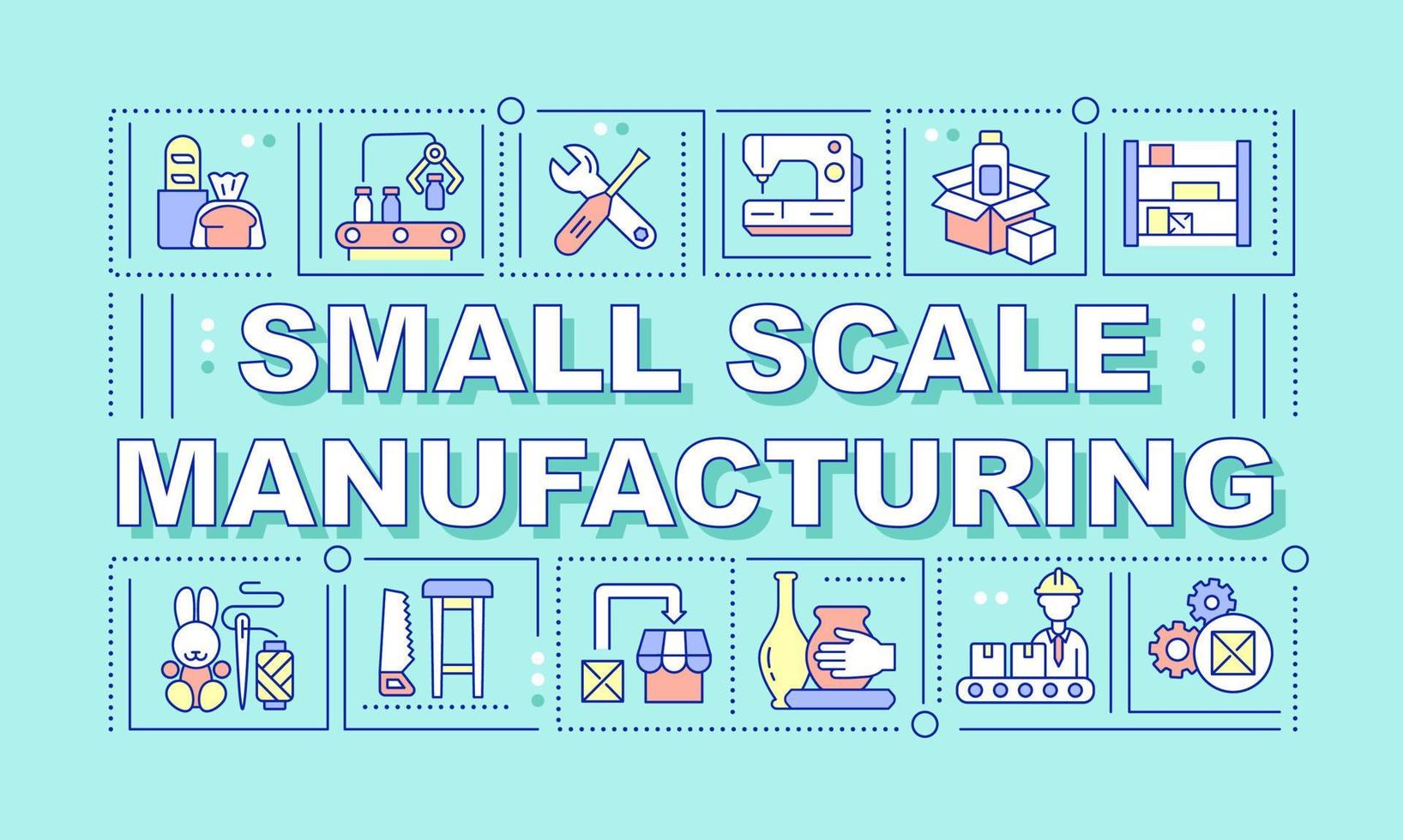 Small scale manufacturing word concepts blue banner. Production process. Infographics with icons on color background. Isolated typography. Vector illustration with text.