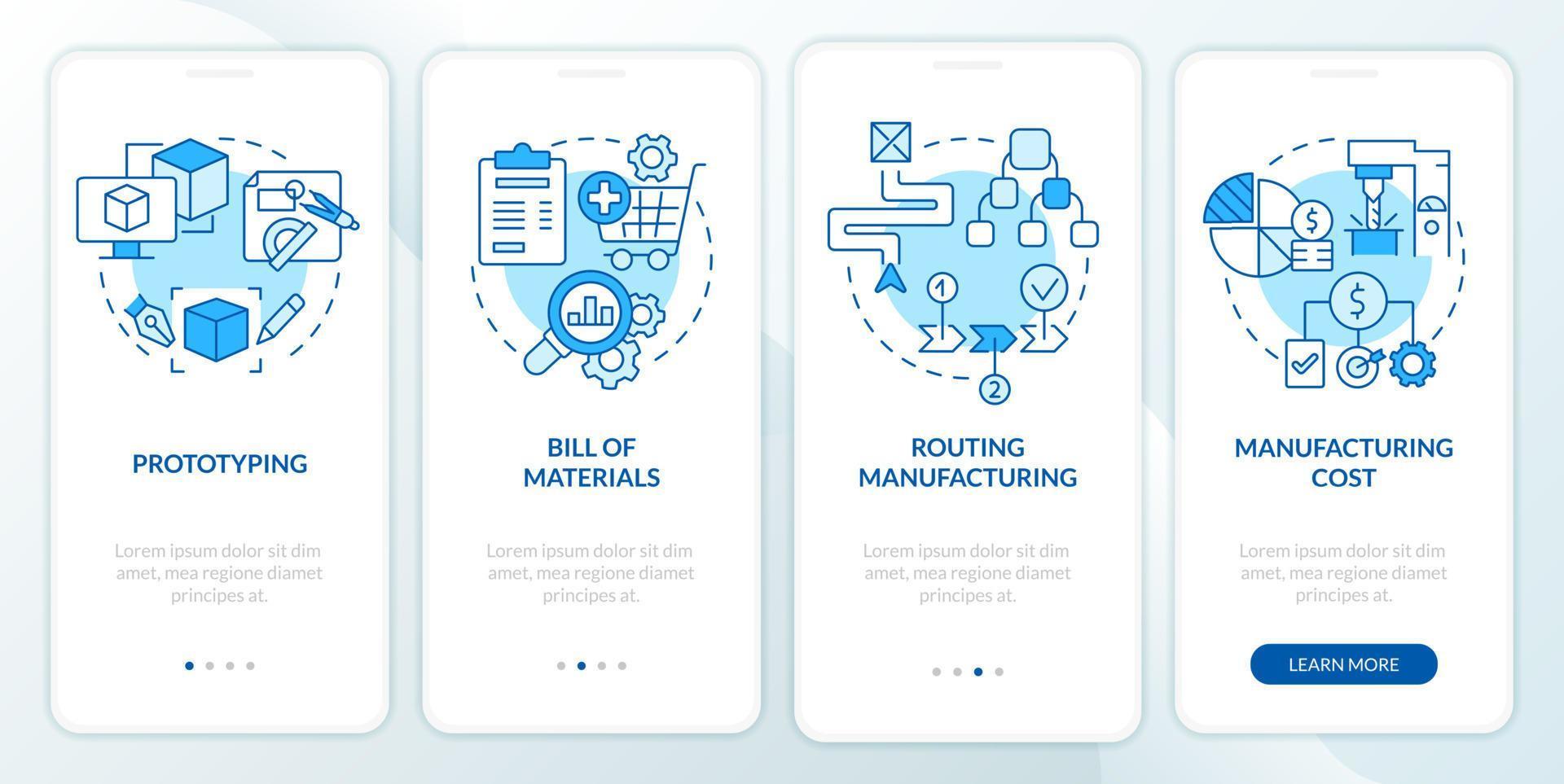 Manufacturing stages blue onboarding mobile app screen. Production walkthrough 4 steps graphic instructions pages with linear concepts. UI, UX, GUI template. vector