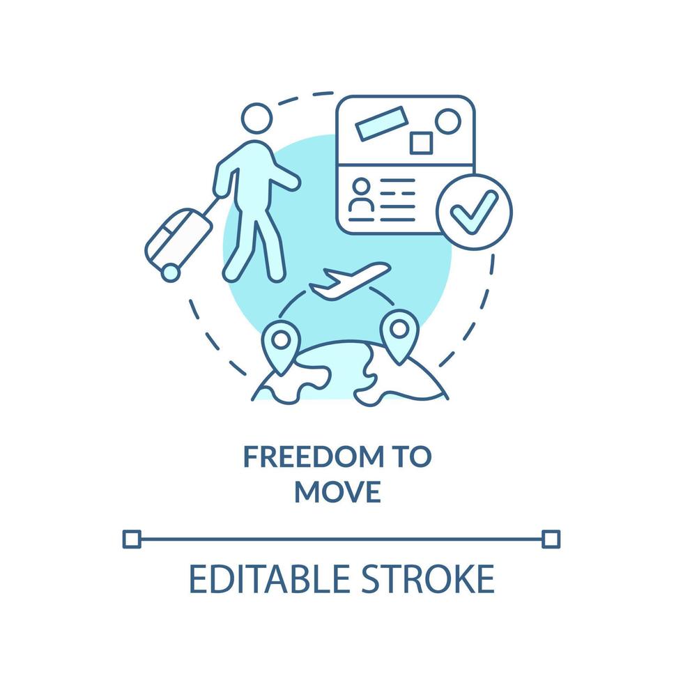 Freedom to move turquoise concept icon. Opportunity to relocate. Refugee right abstract idea thin line illustration. Isolated outline drawing. Editable stroke. vector