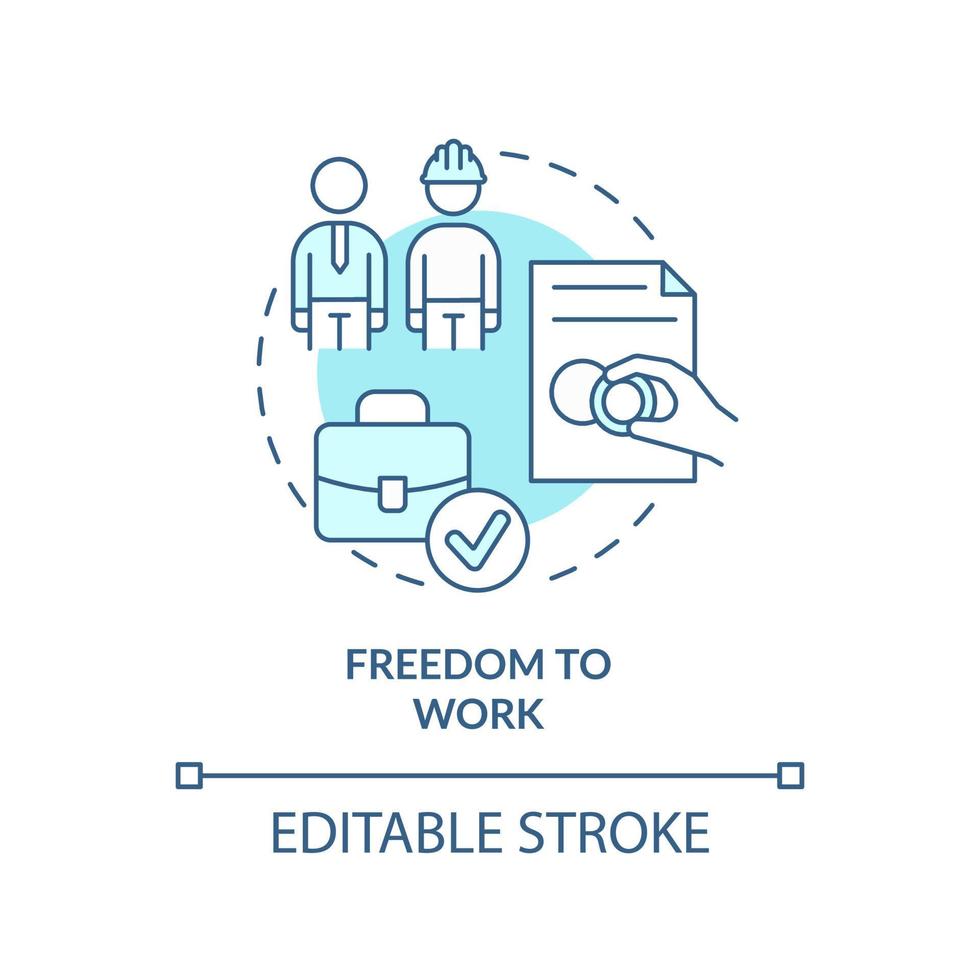 Freedom to work turquoise concept icon. Employment assistance. Refugee right abstract idea thin line illustration. Isolated outline drawing. Editable stroke. vector