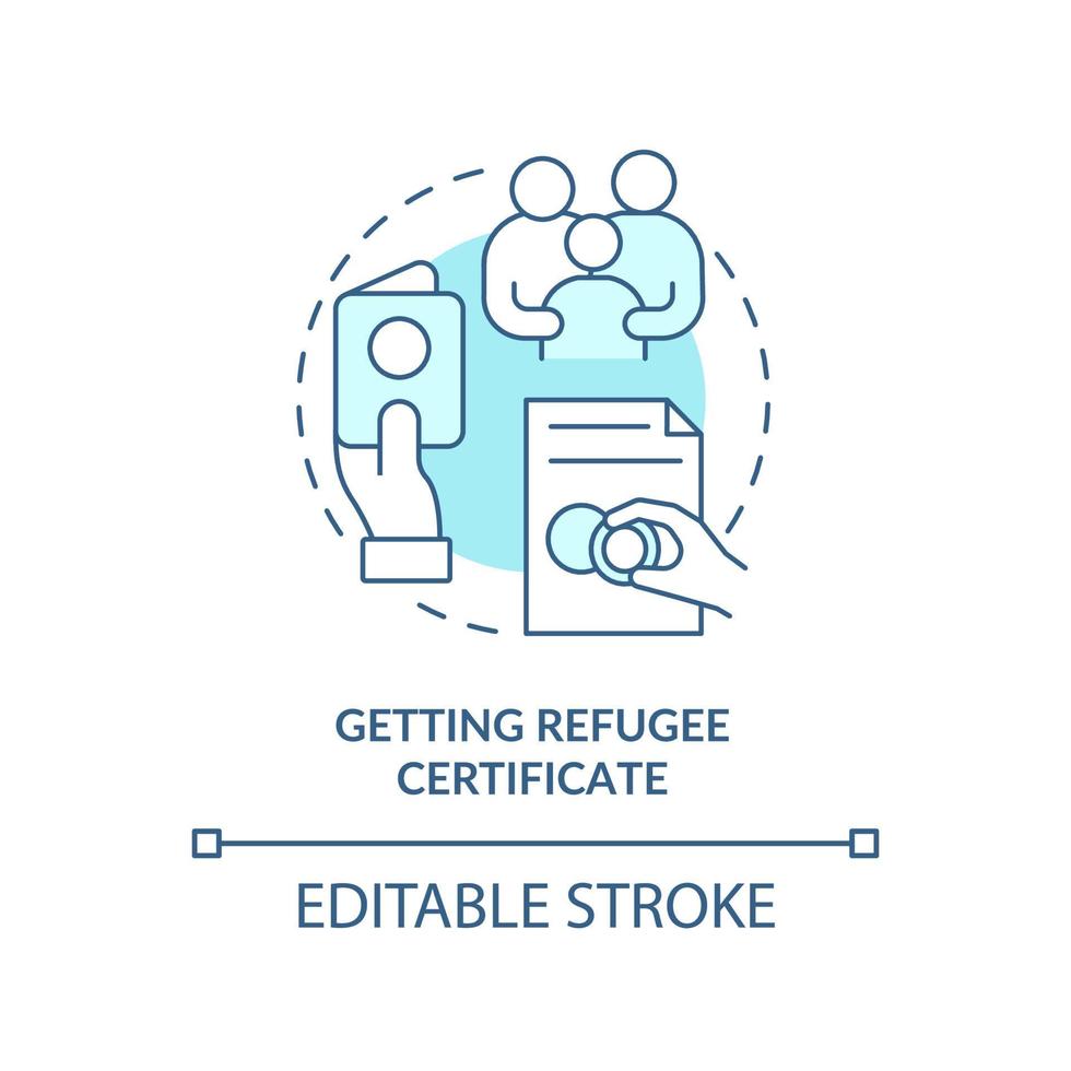 Getting refugee certificate turquoise concept icon. Belongings and documents abstract idea thin line illustration. Isolated outline drawing. Editable stroke. vector
