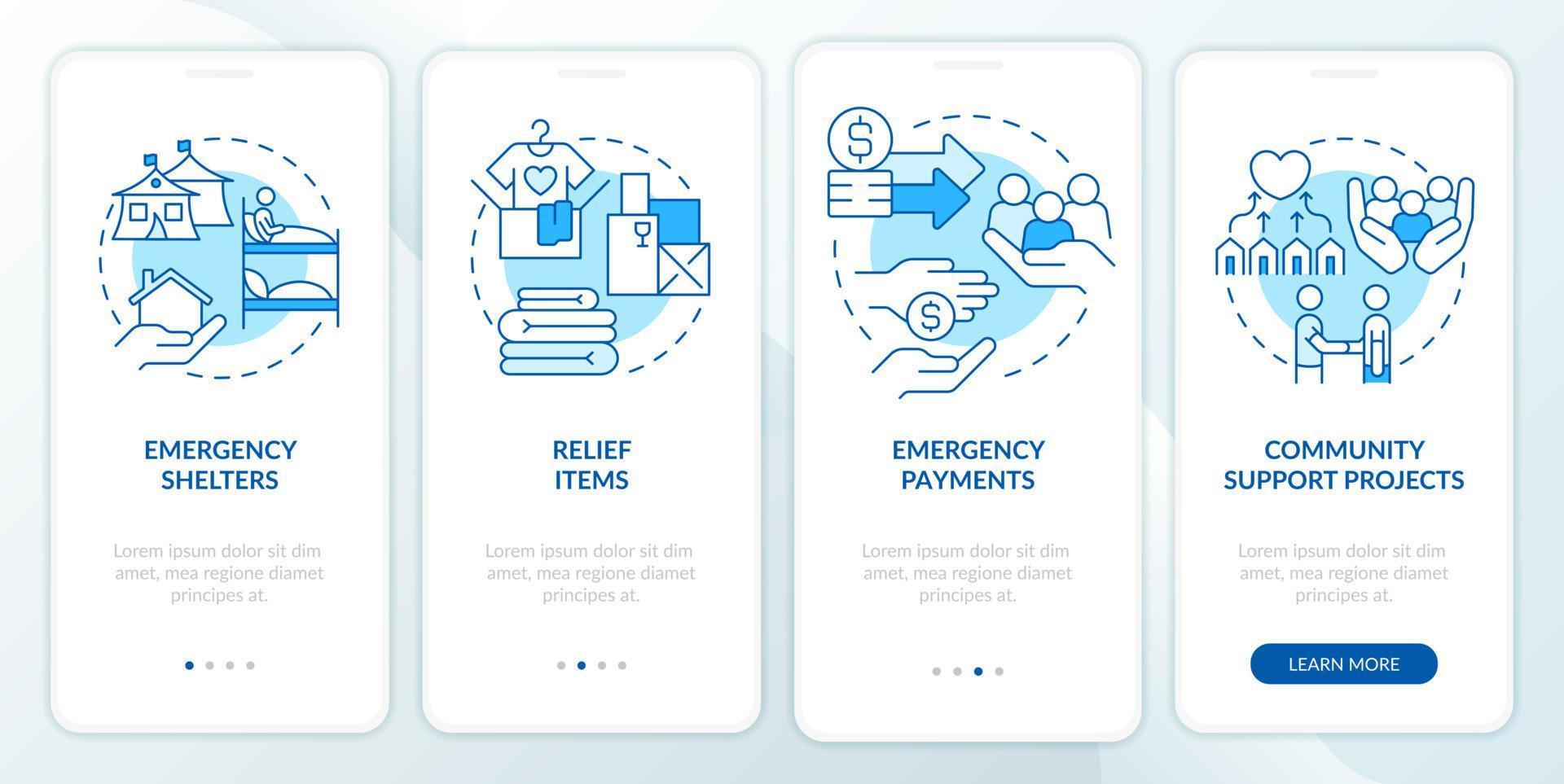 Ways to help refugees blue onboarding mobile app screen. Emergency walkthrough 4 steps graphic instructions pages with linear concepts. UI, UX, GUI template. vector