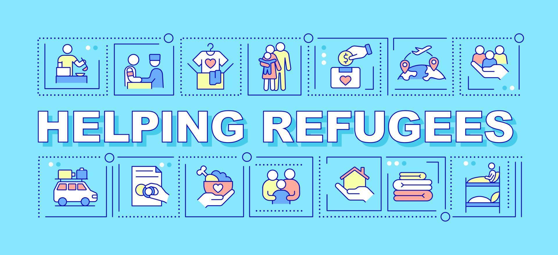 Helping refugees word concepts blue banner. Support and aid for