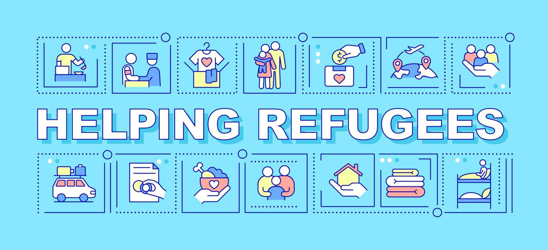 Helping refugees word concepts blue banner. Support and aid for fugitives. Infographics with icons on color background. Isolated typography. Vector illustration with text.